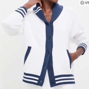 NWT Tuckernuck Freya navy blue and white Women's varsity cardigan